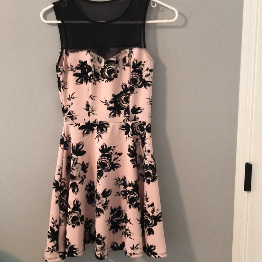 macy’s pink and black floral dress with mesh top